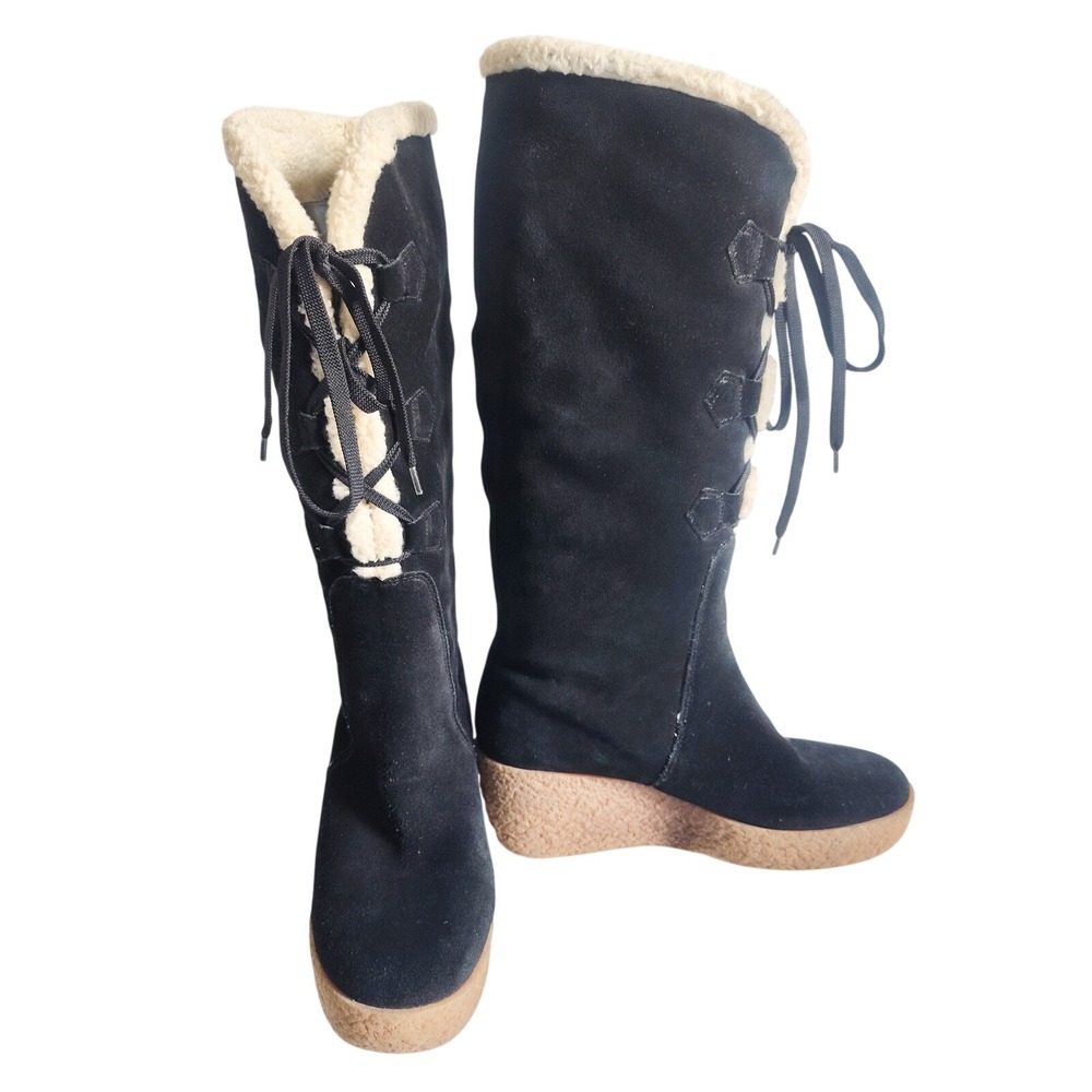Michael Kors Boots Knee High 8 Suede Shearling Lined Lace Up Winter Wedge Black